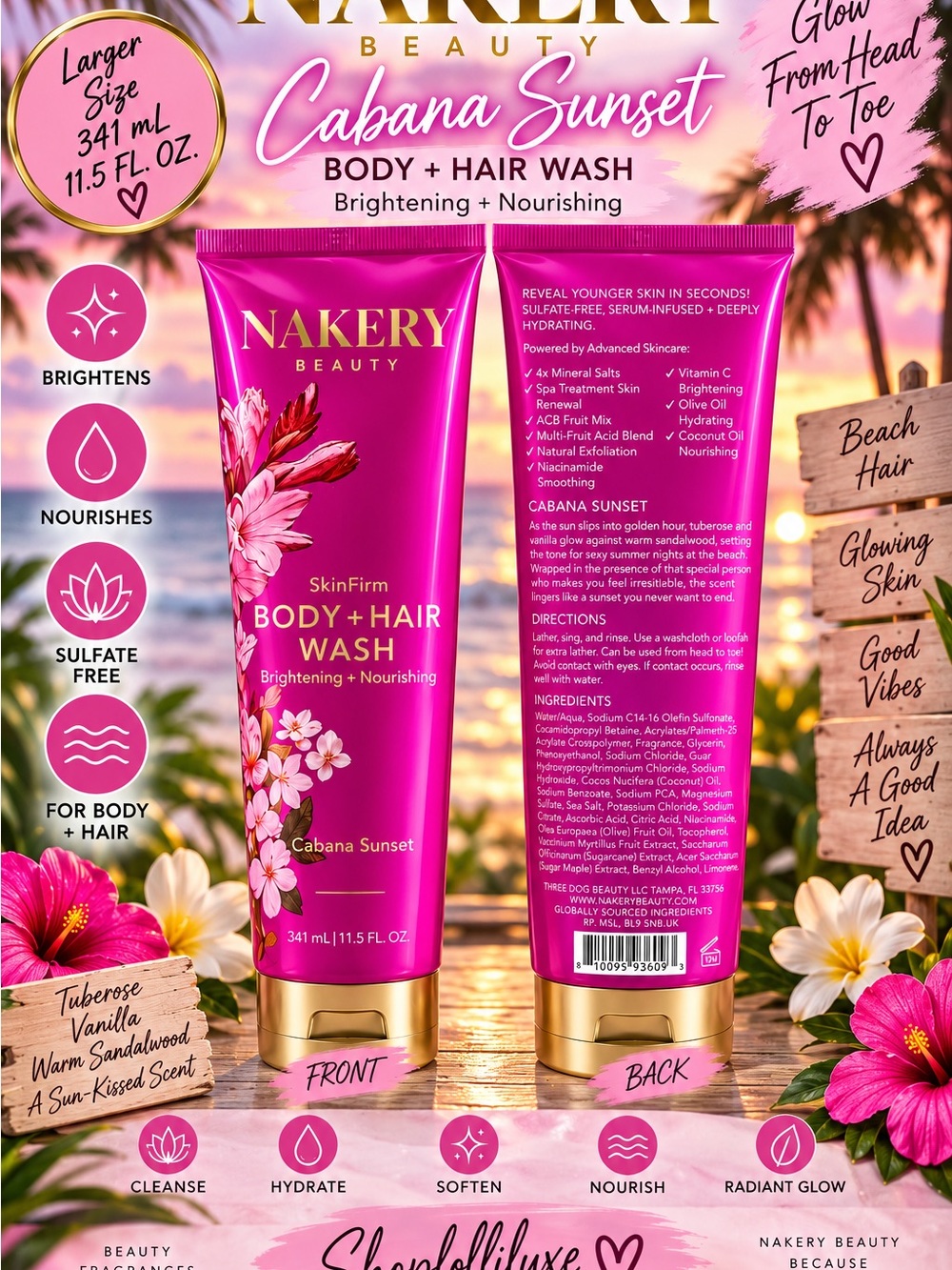 Nakery Beauty Cabana Sunset SkinFirm Body + Hair Wash — Pink